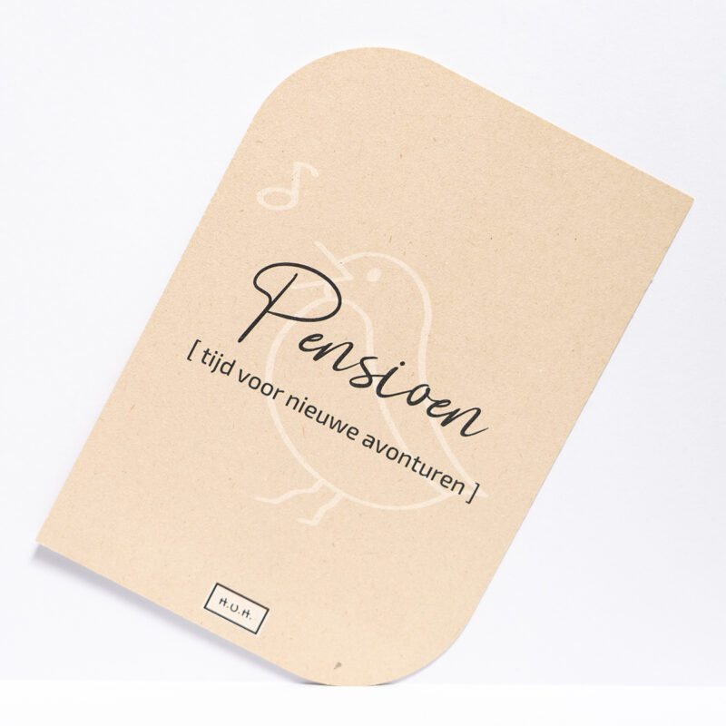 Felicitatiekaart pensioen eco, contour gesneden met tekst Pensioen, tijd voor nieuwe avonturen.